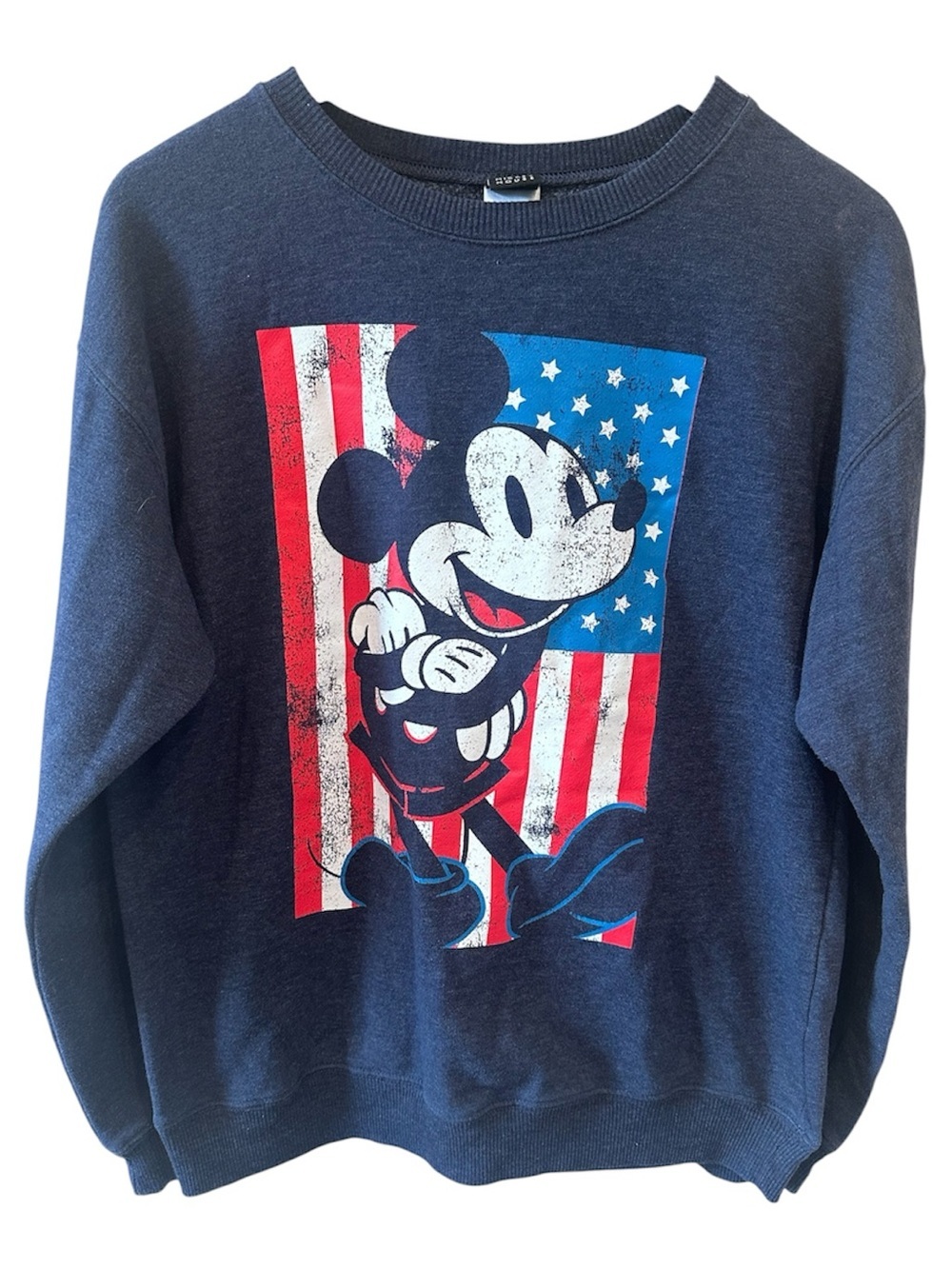 Disney Mickey Mouse American Flag Graphic Sweatshirt Pullover Navy Blue Small
